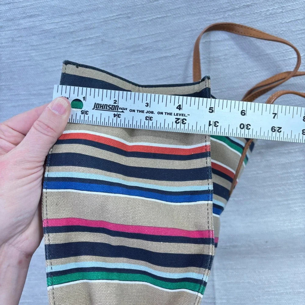 Talbots Multi Color Striped Canvas Tote Bag Leather Trim Navy Tan Pink Green